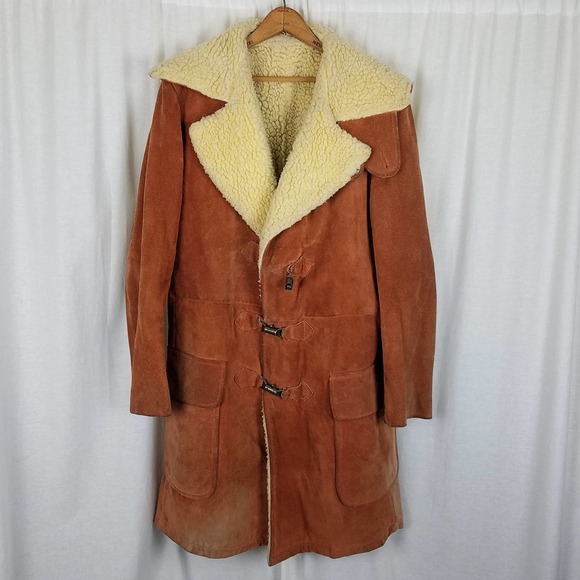 A Robert Lewis Idea Sherpa Shearling Rancher Leather Suede Coat Mens 42 Rust 70s - Picture 1 of 6